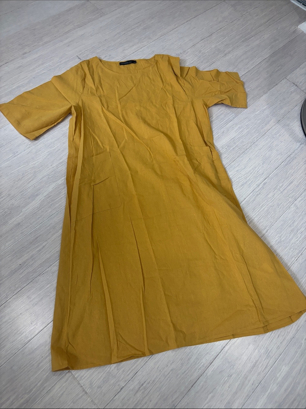 Zanzea Mustard Short-Sleeve Midi Shift Dress